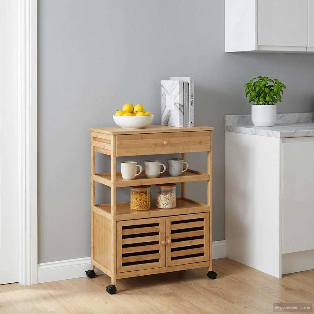 Køkkenvogn med hjul Naturfarvet 59,5 x 36 x 82 cm Bambus billede