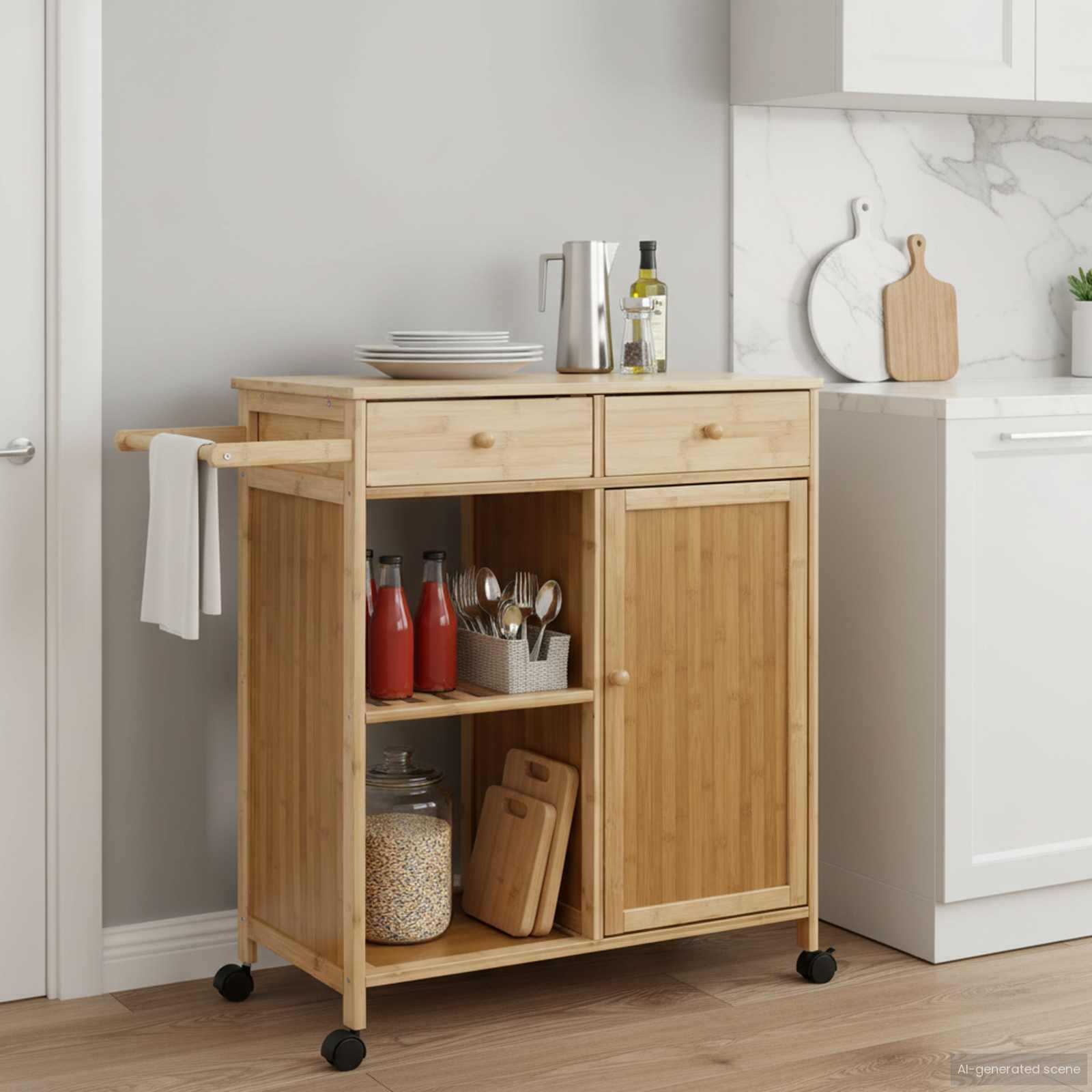 Køkkenvogn med hjul Naturfarvet 90,5 x 36 x 86,5 cm Bambus billede