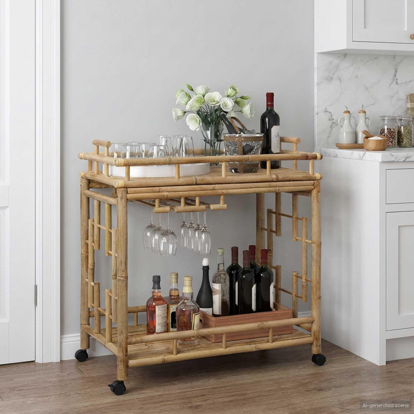 Vinvogn med hjul Naturfarvet 85 x 50 x 93 cm Bambus billede