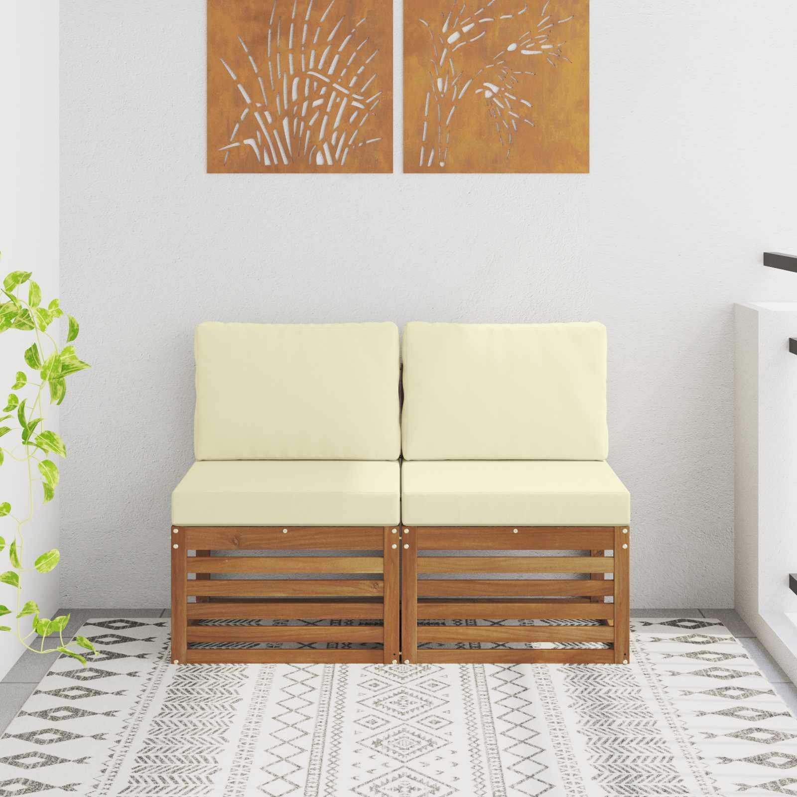 2 Stk Udendørs Mellem Sofa Massivt Akacietræ Naturfarvet billede