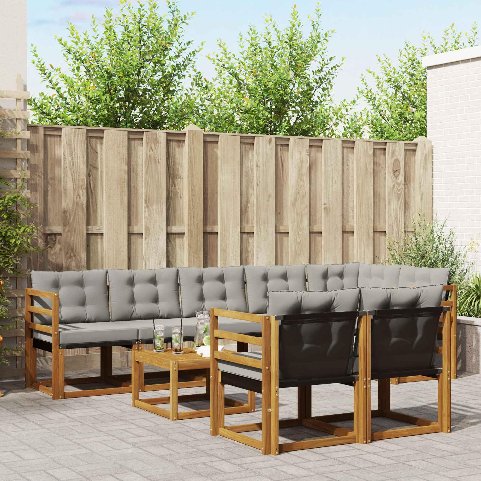 Udendørs sofagruppe i akacietræ med grå puder - 9 dele billede