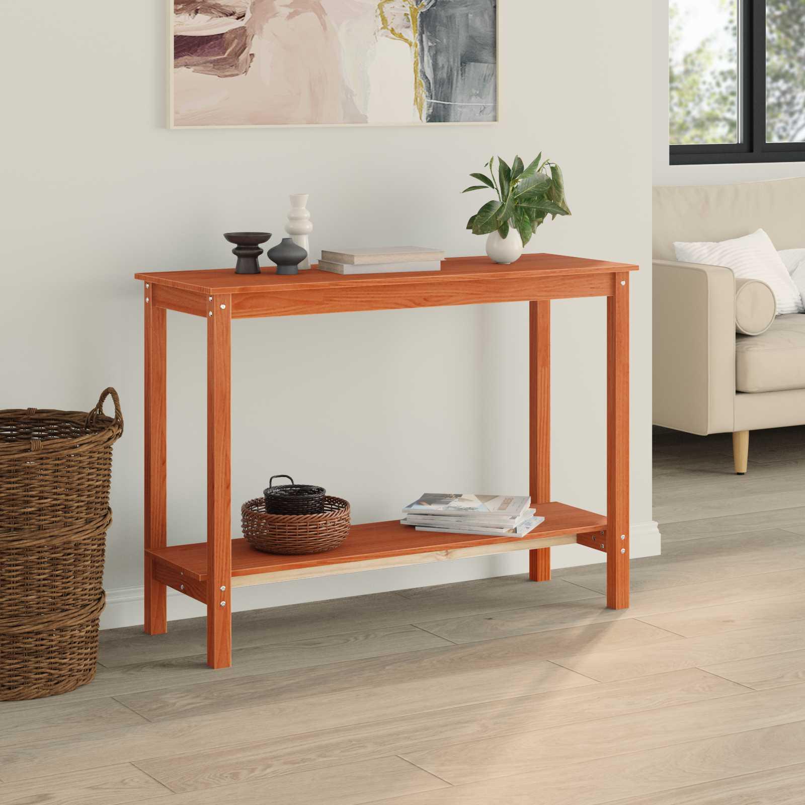 Konsolbord med hylde VoksBrun 110 x 40 x 80 cm Massivt fyrretræ billede
