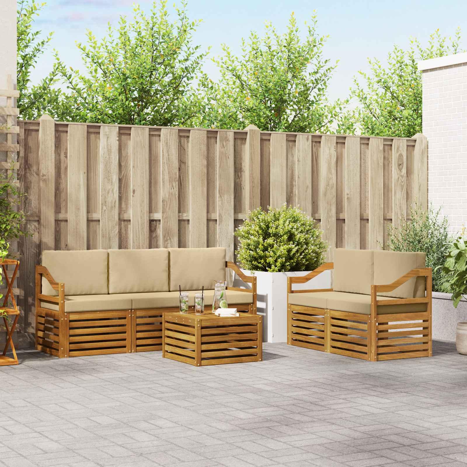 Sofasæt med pude 6 stk Naturlig og Beige Massivt Akacietræ billede