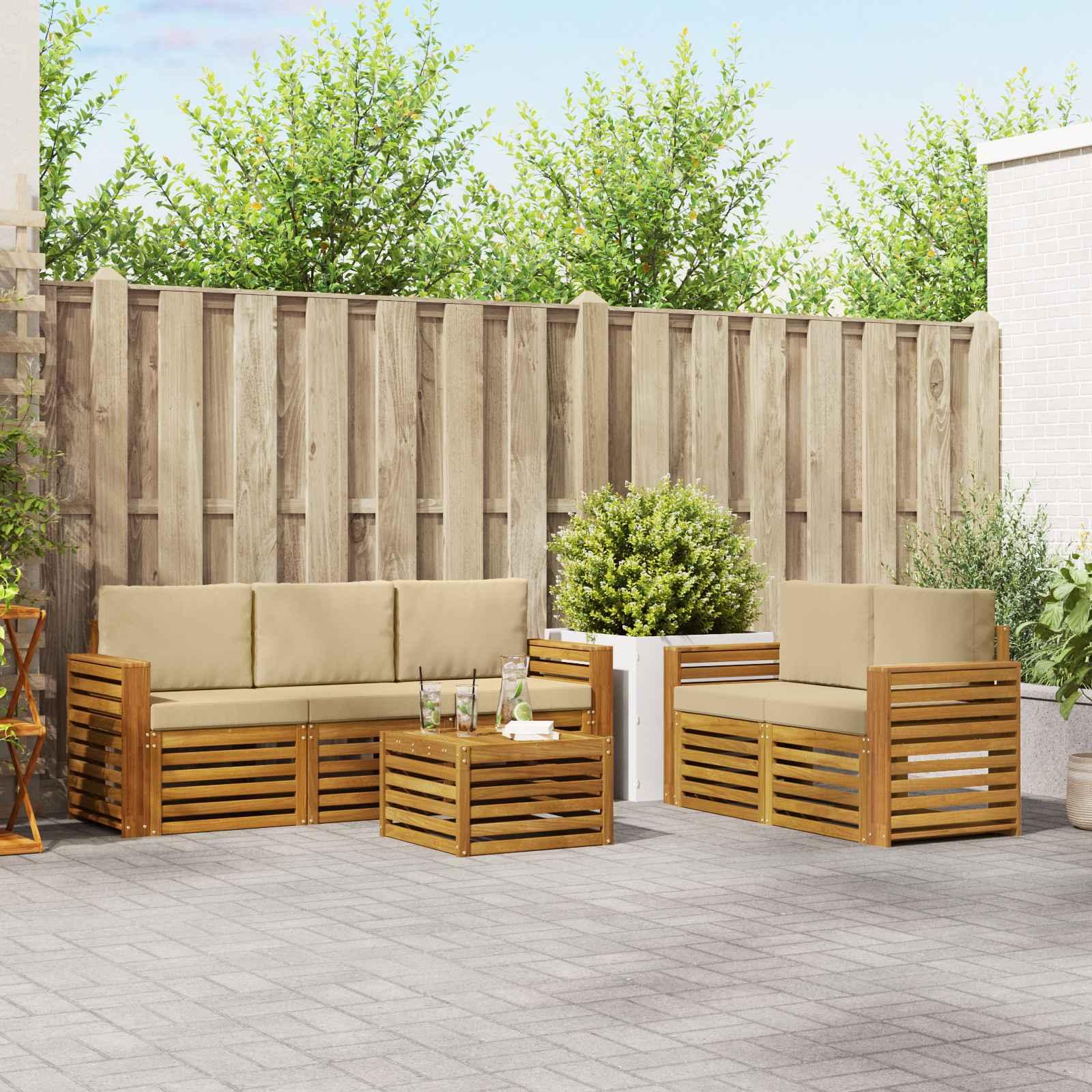 Sofasæt med pude 6 stk Naturlig og Beige Massivt Akacietræ billede