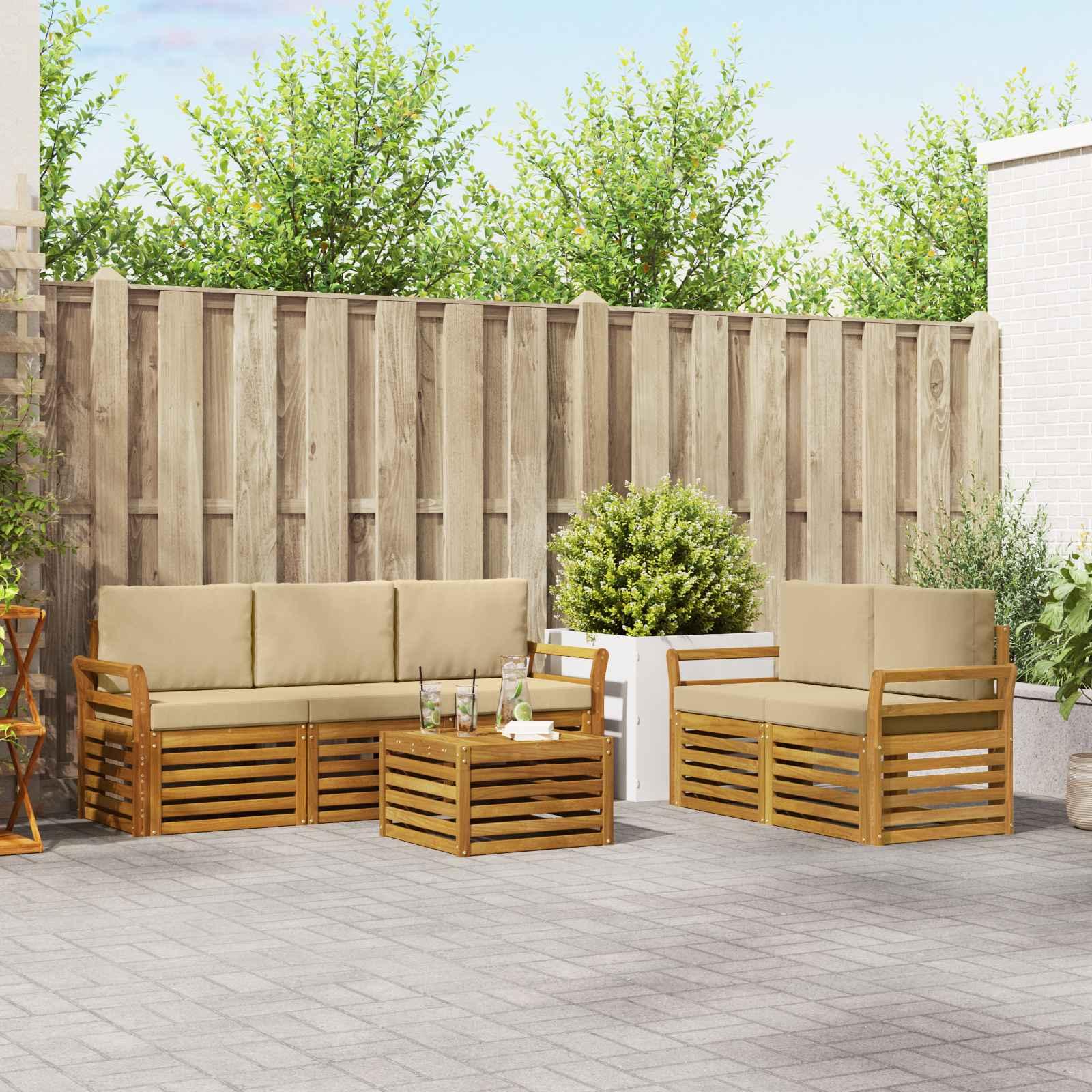 Sofasæt med pude 6 stk Naturlig og Beige Massivt Akacietræ billede