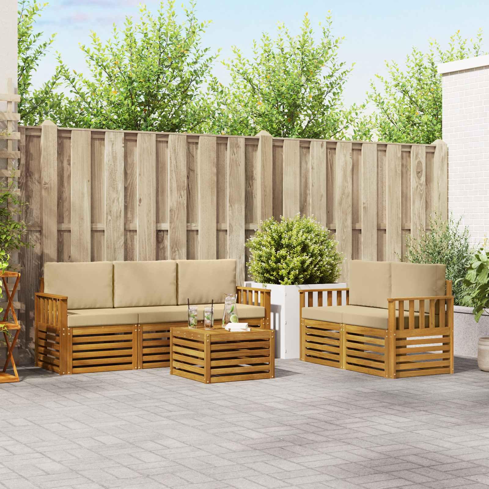 Sofasæt med pude 6 stk Naturlig og Beige Massivt Akacietræ billede
