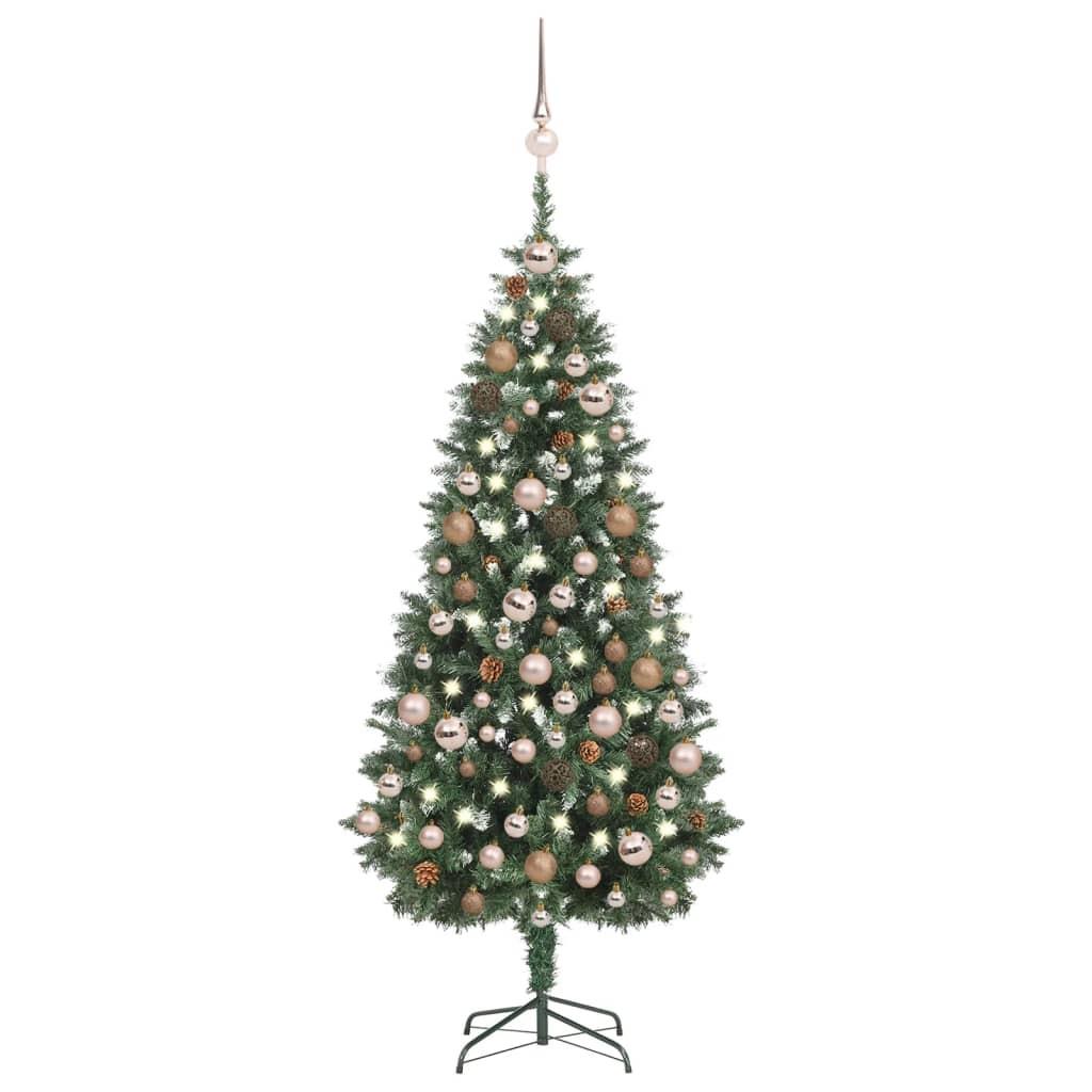 Juletræ med sne + lys + julekugler og grankogler 180 cm