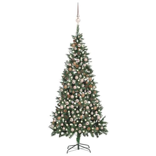 Juletræ med sne + lys + julekugler og grankogler 210 cm