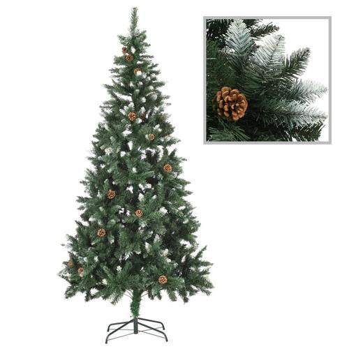 Juletræ med sne + lys + julekugler og grankogler 210 cm