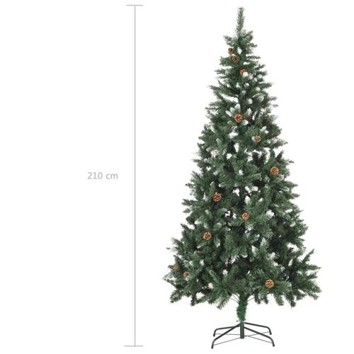 Juletræ med sne + lys + julekugler og grankogler 210 cm