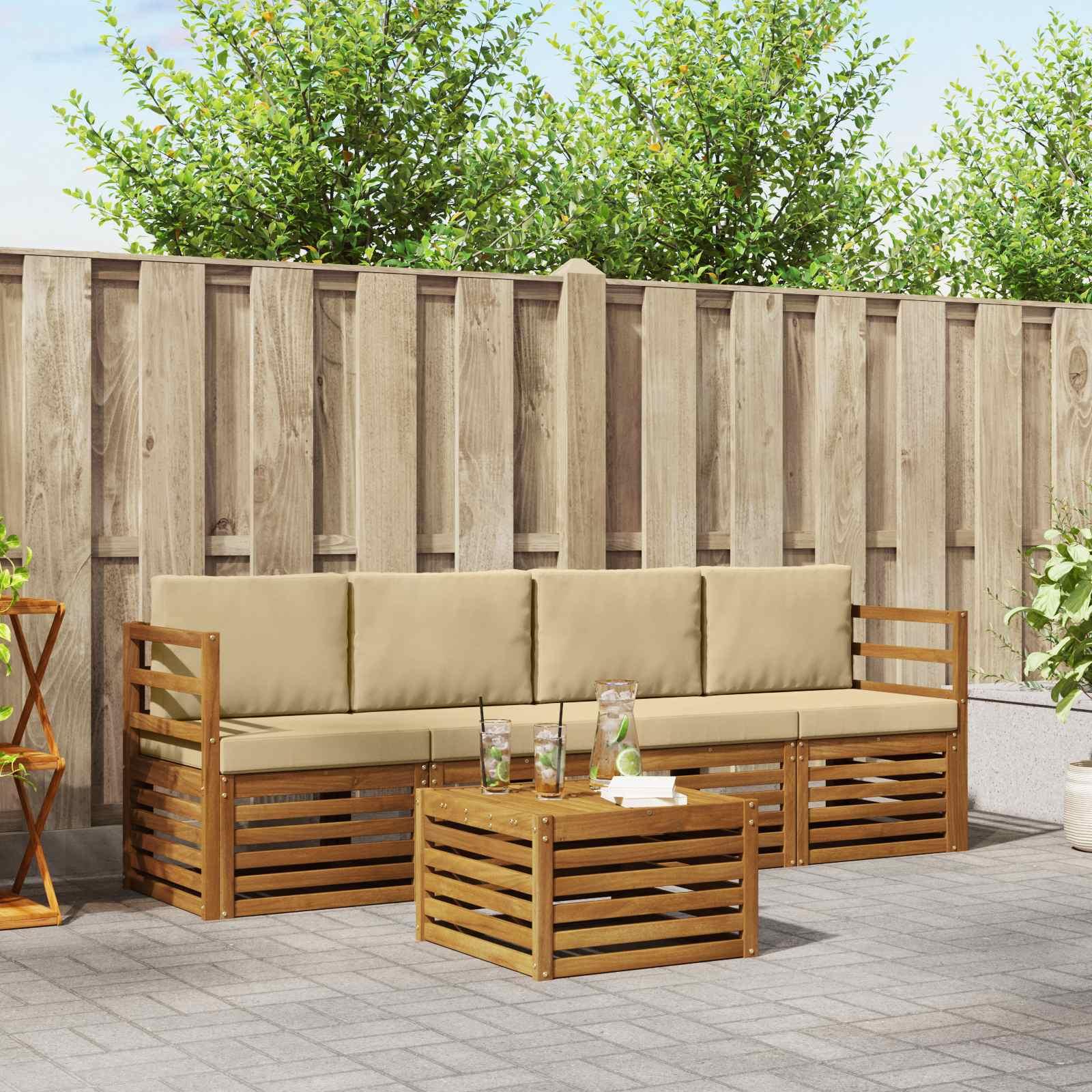 Sofasæt med pude 5 stk Naturlig og Beige Massivt Akacietræ billede