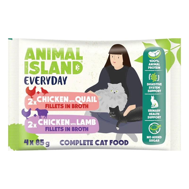 ANIMAL ISLAND vådfoder til kat - Kylling med Vagtel & Kylling med Lam i bouillon, 4×85 g billede