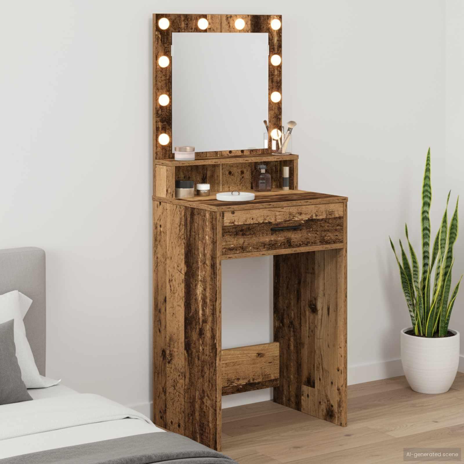 Makeupbord med LED-spejl - gammelt træ, 50 × 41 × 135 cm billede
