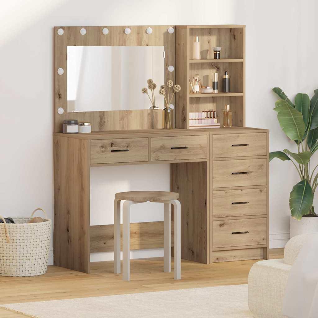 Makeupbord med skuffer og hylder - brun konstrueret træ, 78,5 × 41 × 135 cm, med LED-lys billede