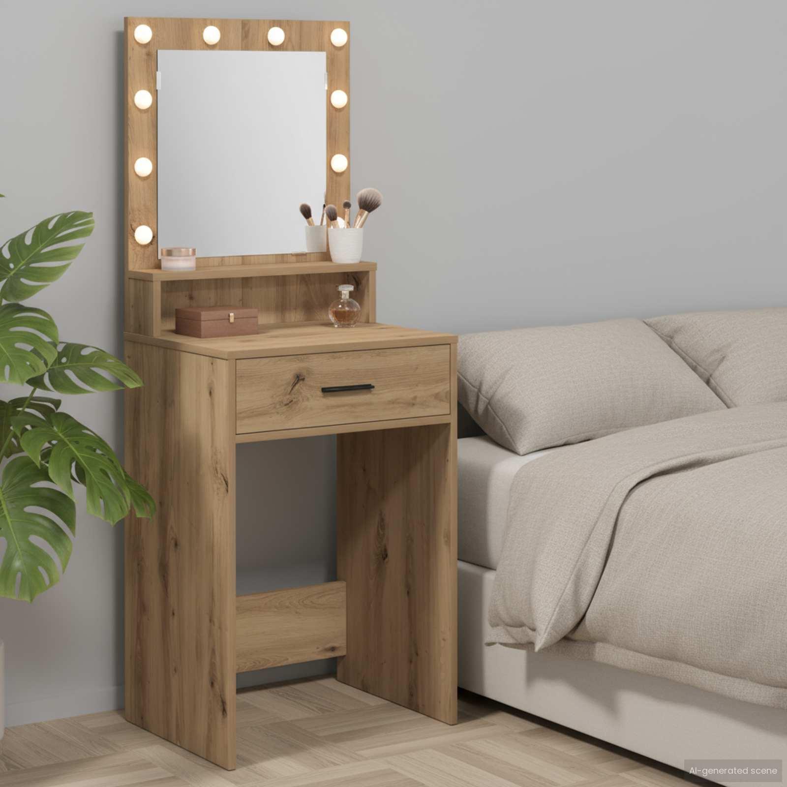 Makeupbord med LED-spejl - Artisan egetræ, 50 × 41 × 135 cm, konstrueret træ billede