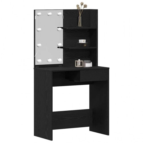 Makeupbord med LED, spejl og skuffe - sort eg, 74,5 × 40 × 141 cm