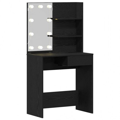 Makeupbord med LED, spejl og skuffe - sort eg, 74,5 × 40 × 141 cm