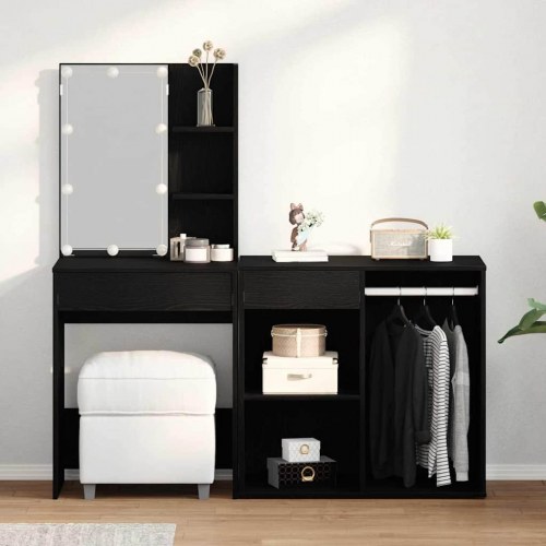 LED makeupsæt med spejl - sort eg 140 × 40 × 140 cm, konstrueret træ