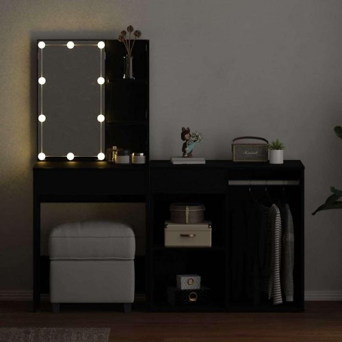 LED makeupsæt med spejl - sort eg 140 × 40 × 140 cm, konstrueret træ