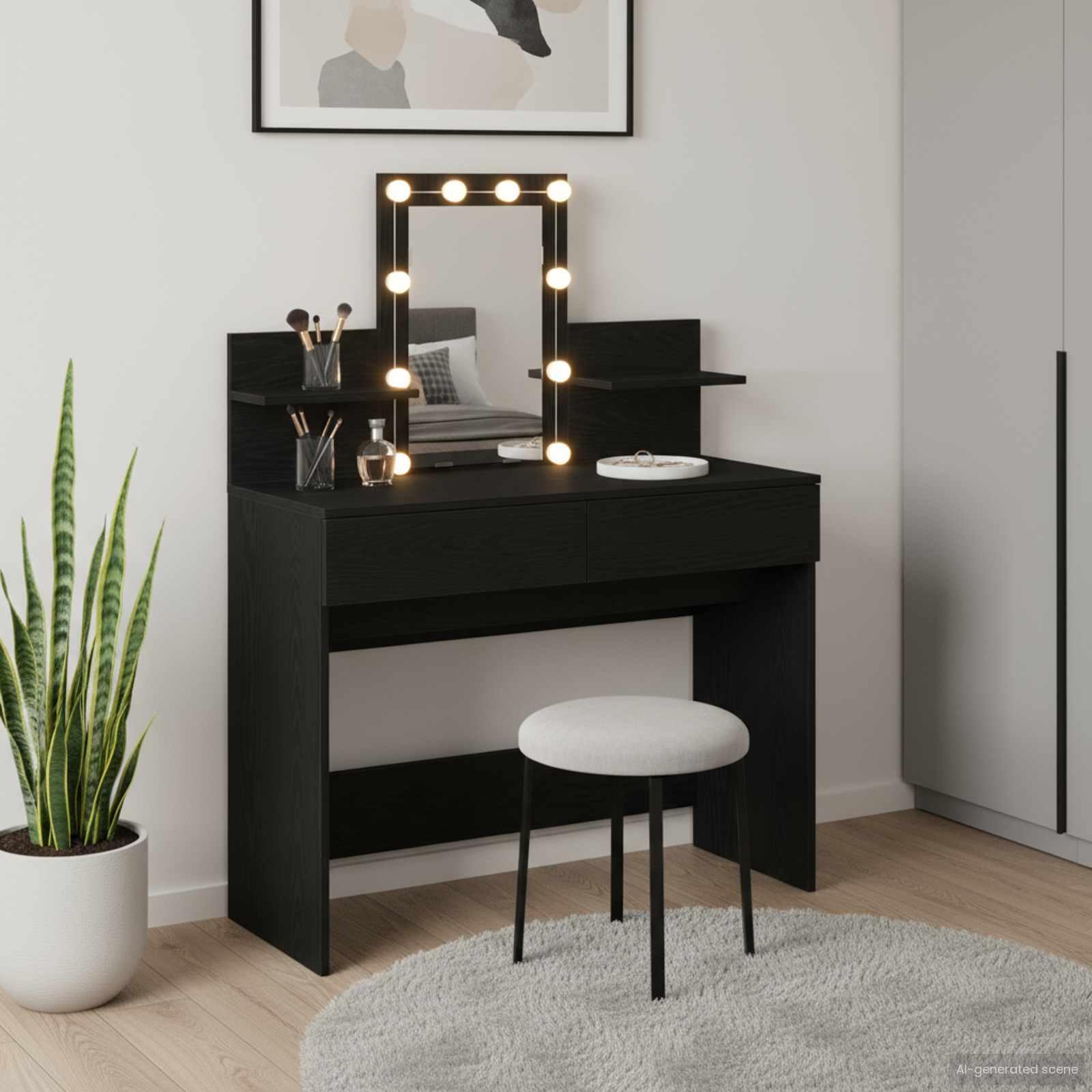 Makeupbord med spejllamper - sort eg, 100 × 40 × 130 cm, konstrueret træ billede