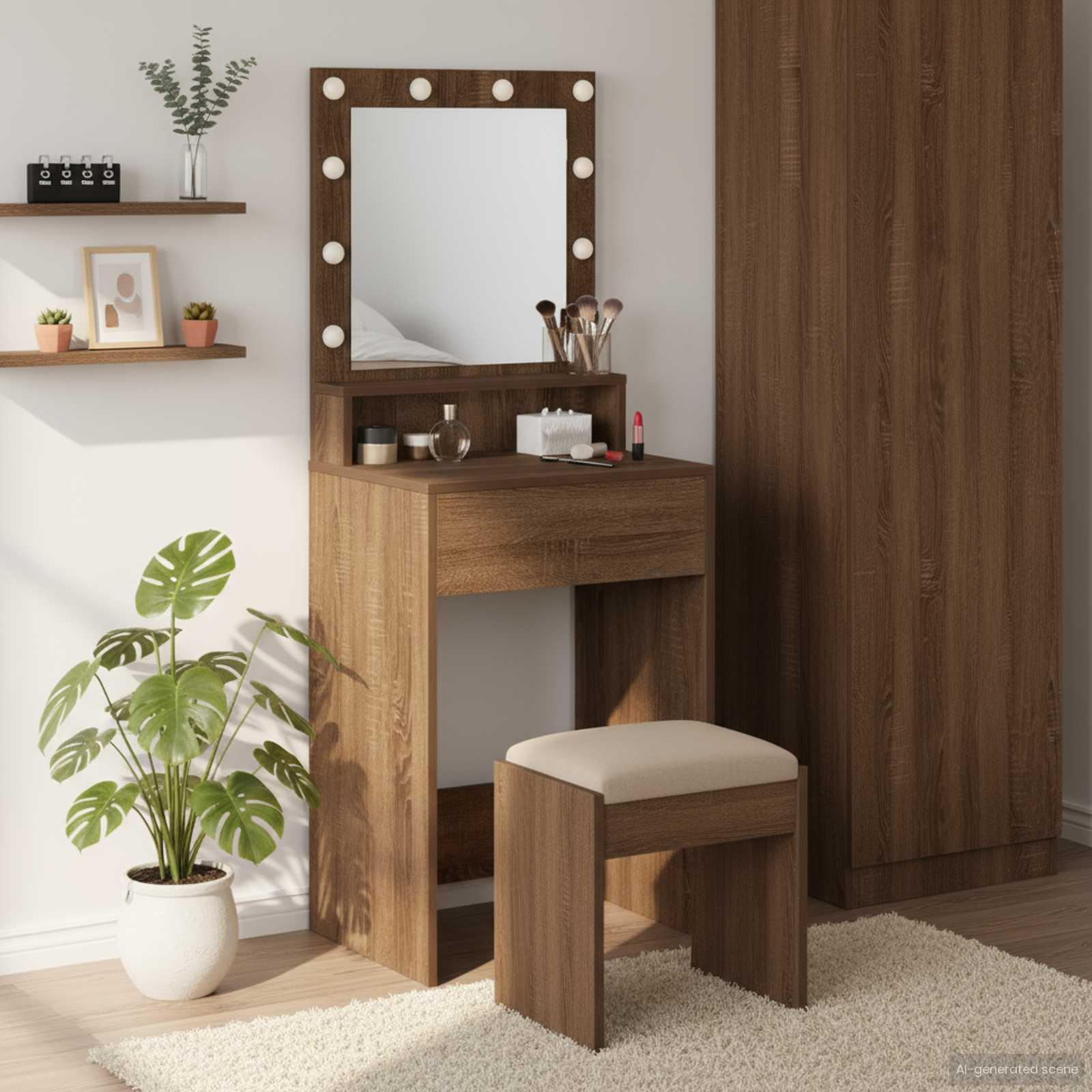 Makeupbord med hylde Brun eg 50 x 41 x 135 cm Konstrueret træ billede