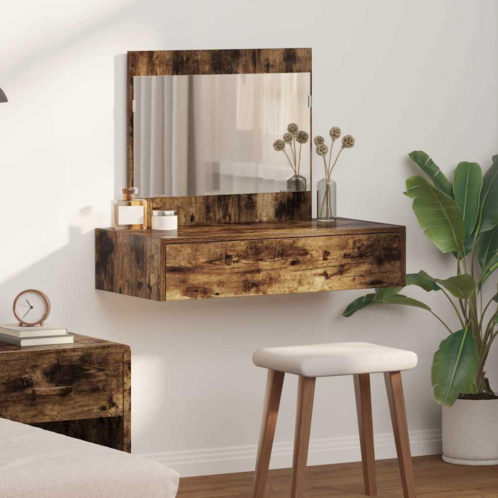 Makeupbord med spejl og skuffe - brun 83 × 40 × 70 cm, konstrueret træ billede