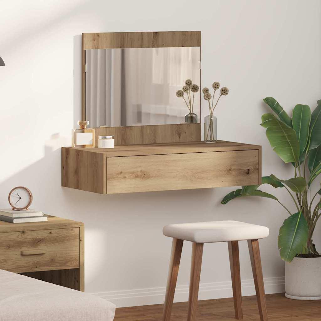 Makeupbord med spejl og skuffe - brun, 83 × 40 × 70 cm, konstrueret træ billede