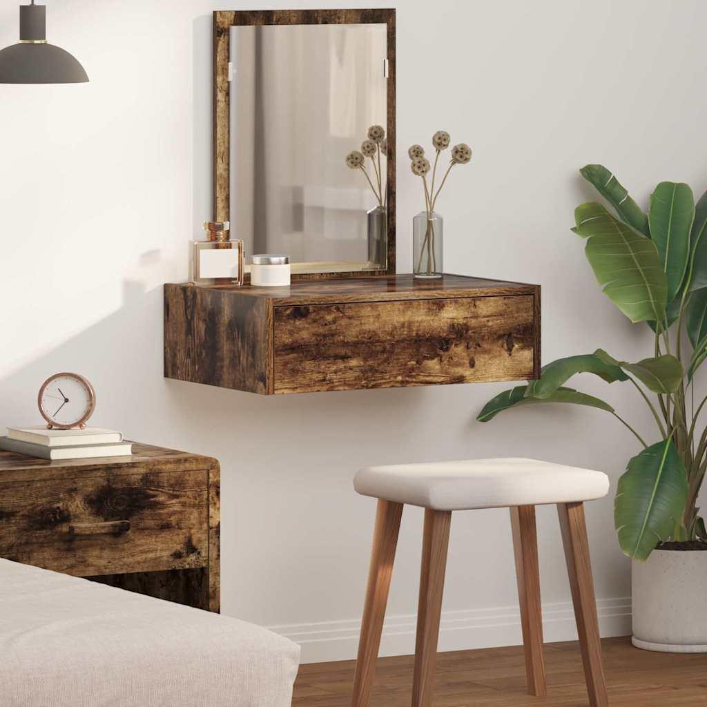 Makeupbord med spejl og skuffe - brun, 60 × 40 × 70 cm, konstrueret træ billede
