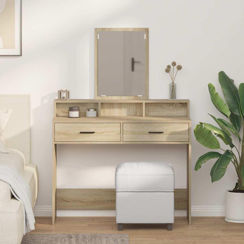 Makeupbord med spejl og 2 skuffer - Sonoma eg, 100 × 41 × 140 cm, konstrueret træ billede