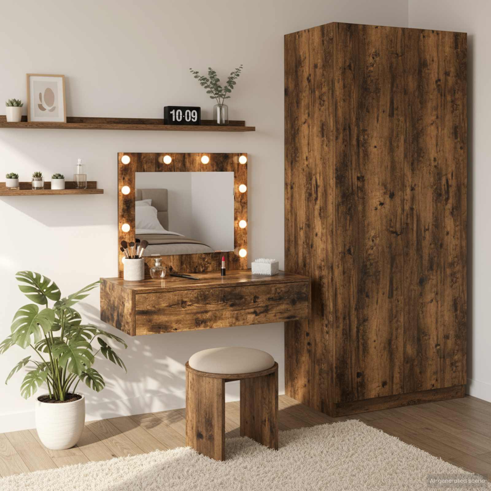 Makeupbord med spejllamper - brun 83 × 40 × 70 cm i konstrueret træ billede