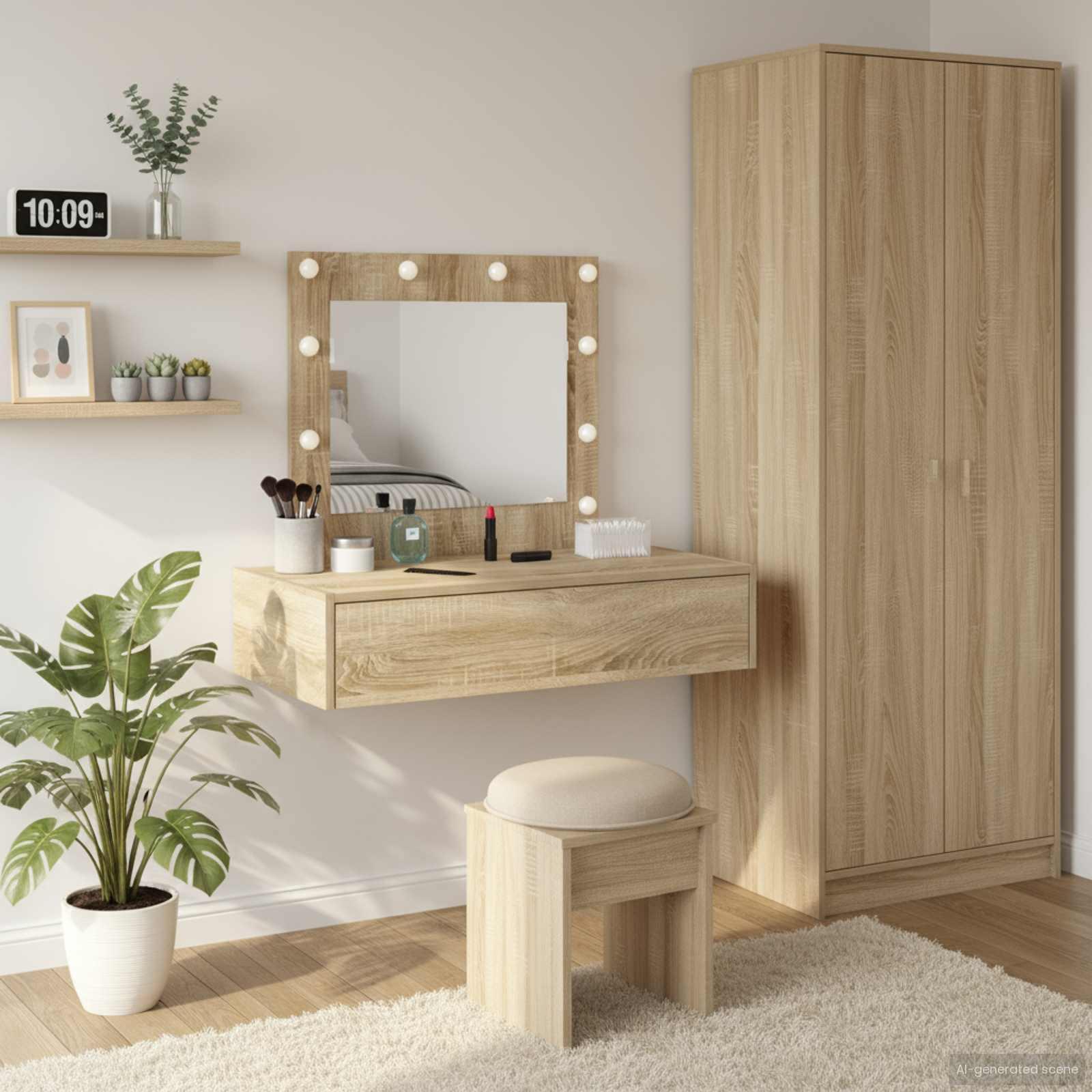 Makeupbord med spejllys - brun, 83 × 40 × 70 cm, konstrueret træ billede