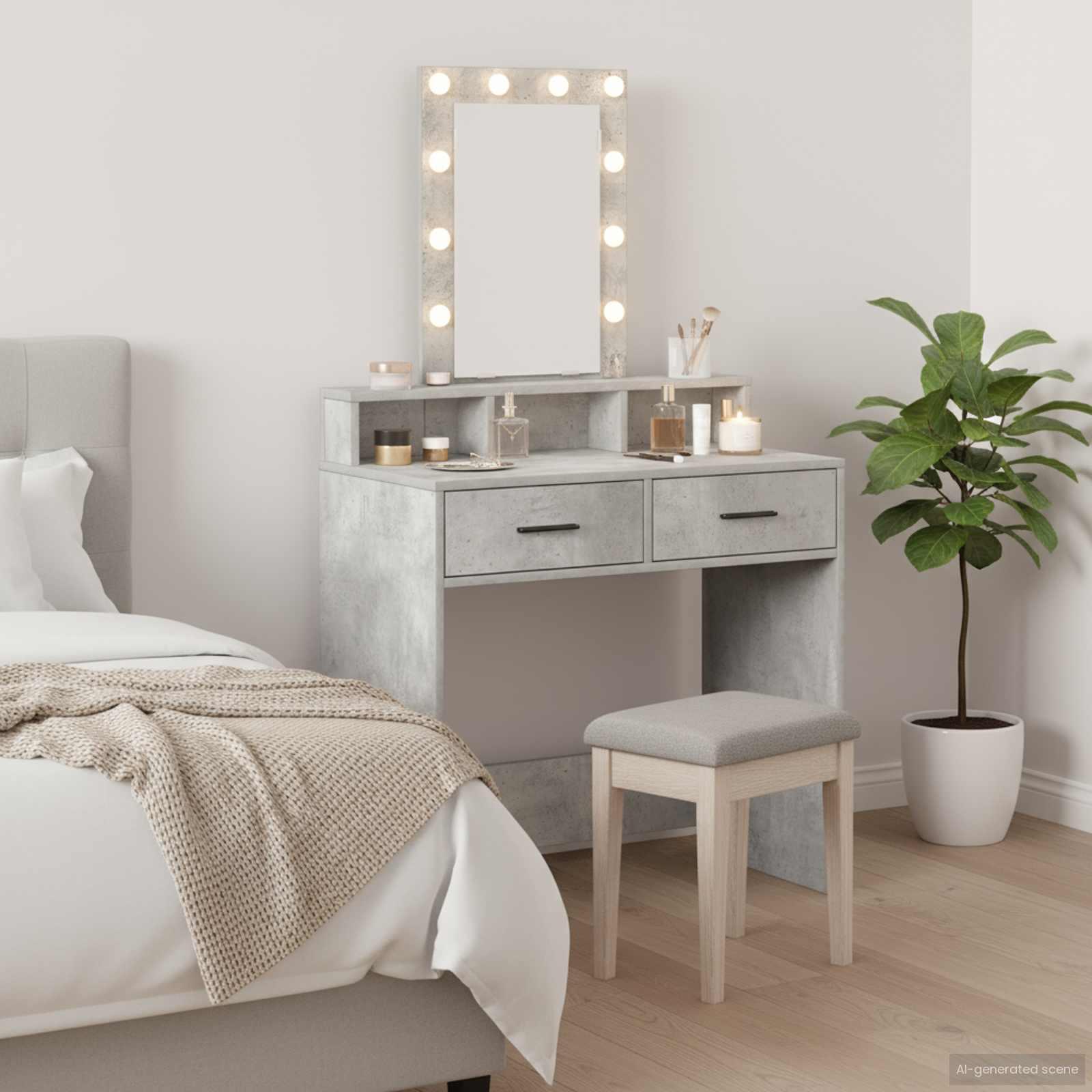 Makeupbord med LED-spejl - grå, 79 × 41 × 140 cm, konstrueret træ billede