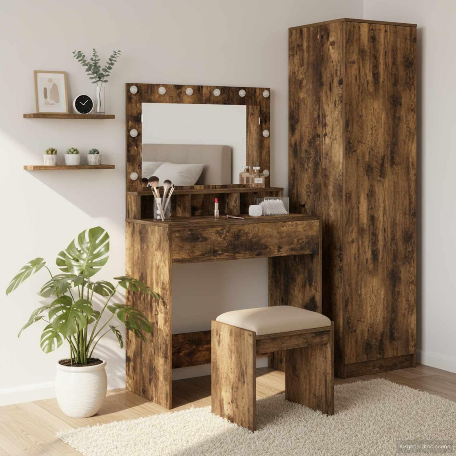 Makeupbord med hylde Røget eg 79 x 41 x 135 cm Konstrueret træ billede