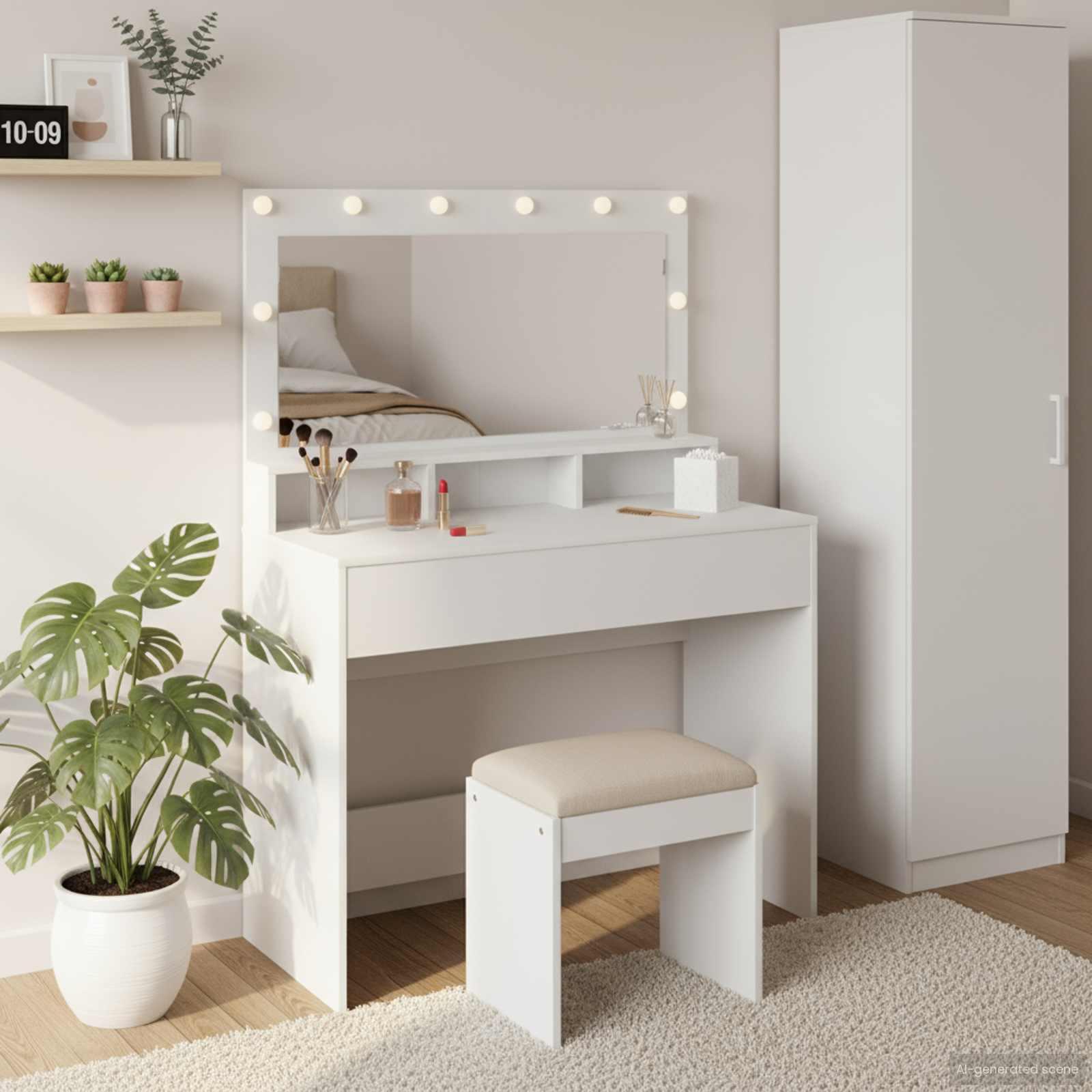 Makeupbord med hylde Hvid 100 x 41 x 135 cm Konstrueret træ billede