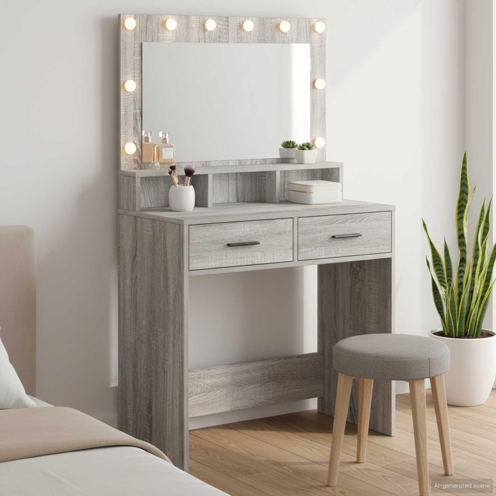Makeupbord med LED-spejl og 2 skuffer - grå sonoma, 79 × 41 × 135 cm billede