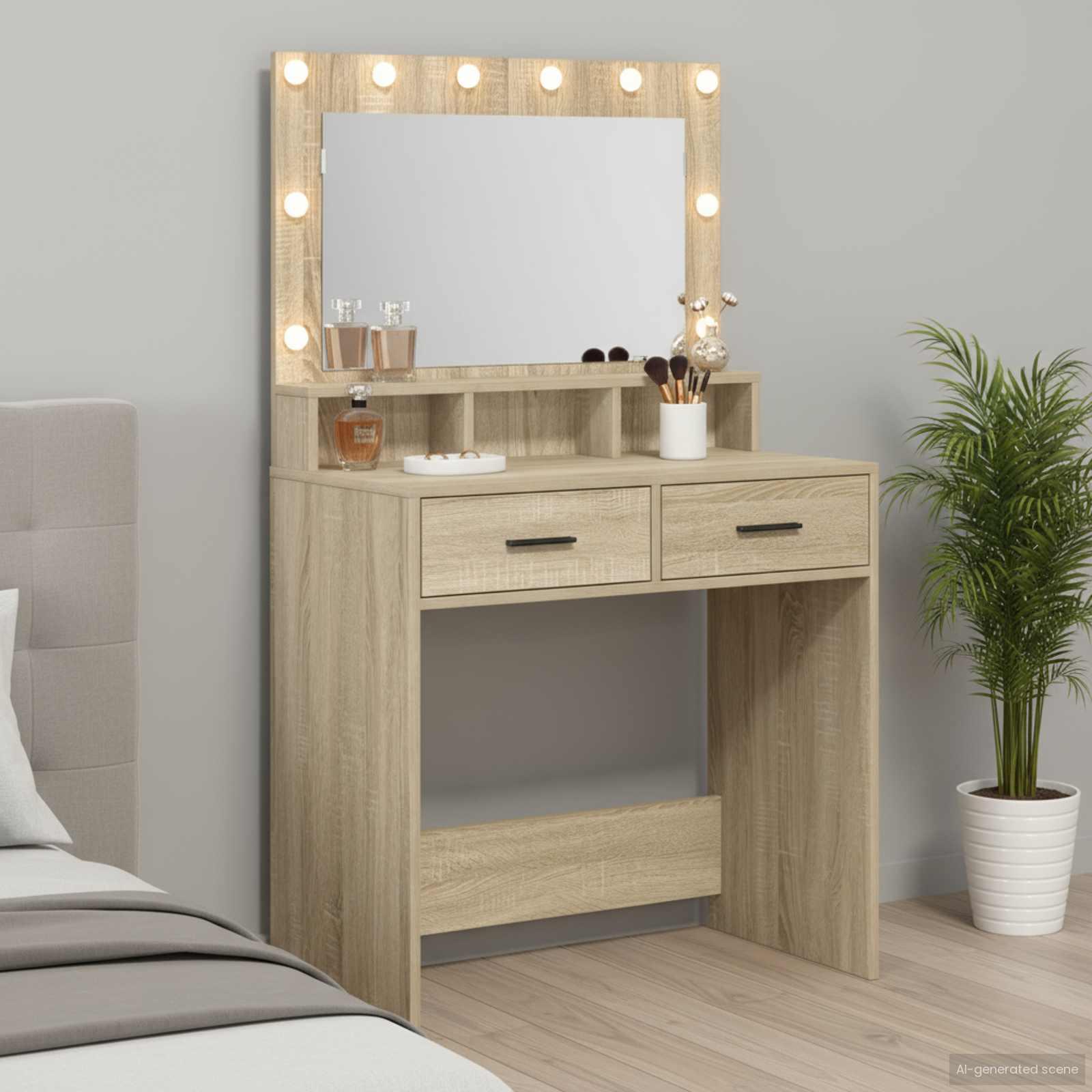 Makeupbord med hylde Sonoma-eg 79 x 41 x 135 cm Konstrueret træ billede