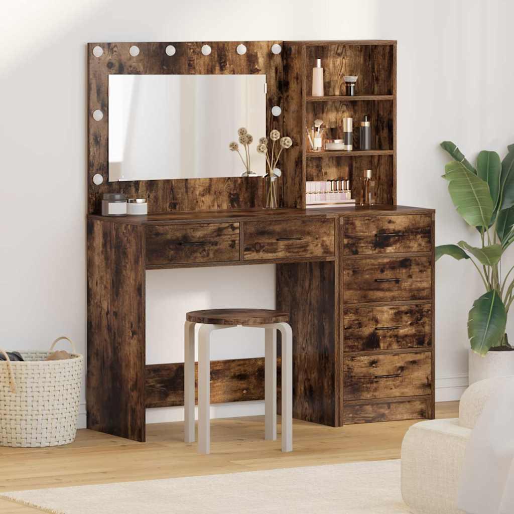Makeupbord med skuffer og LED-lys - brun, konstrueret træ, 78,5 × 41 × 135 cm billede