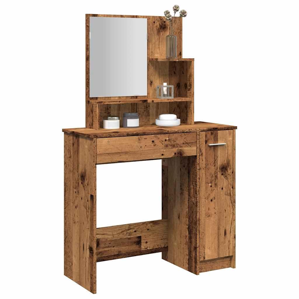 Makeupbord med spejl 86,5x35x136 cm gammelt træ-look billede