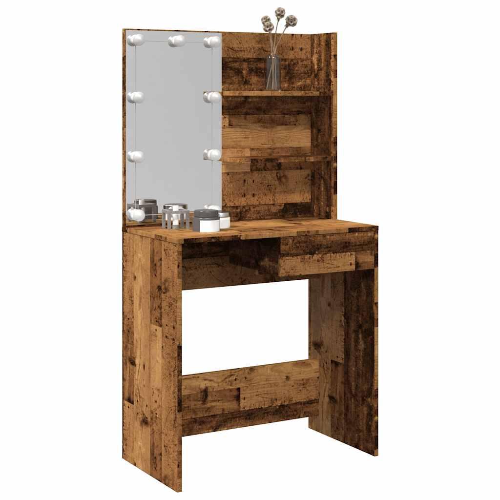 Makeupbord med LED-lys 74,5x40x141 cm gammelt træ-look billede