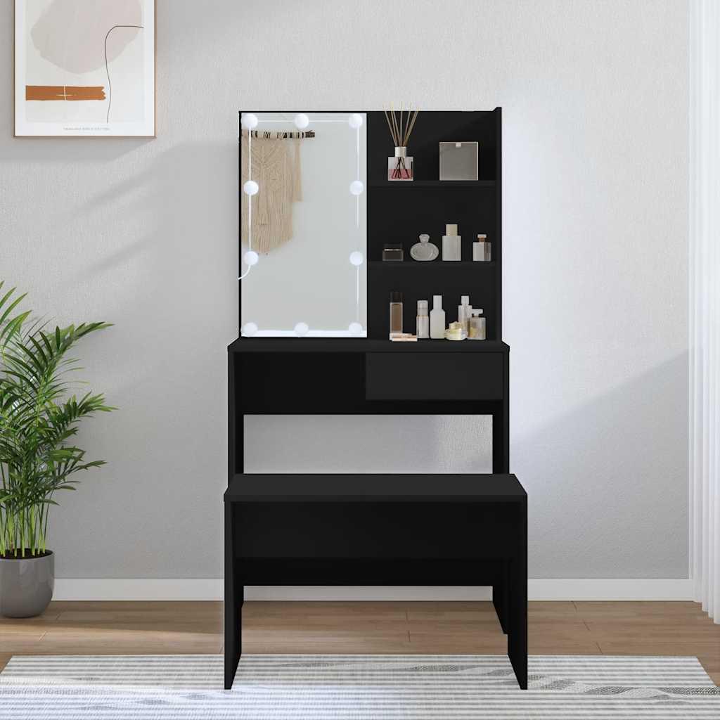 Makeupbordssæt med LED-lys konstrueret træ sort billede