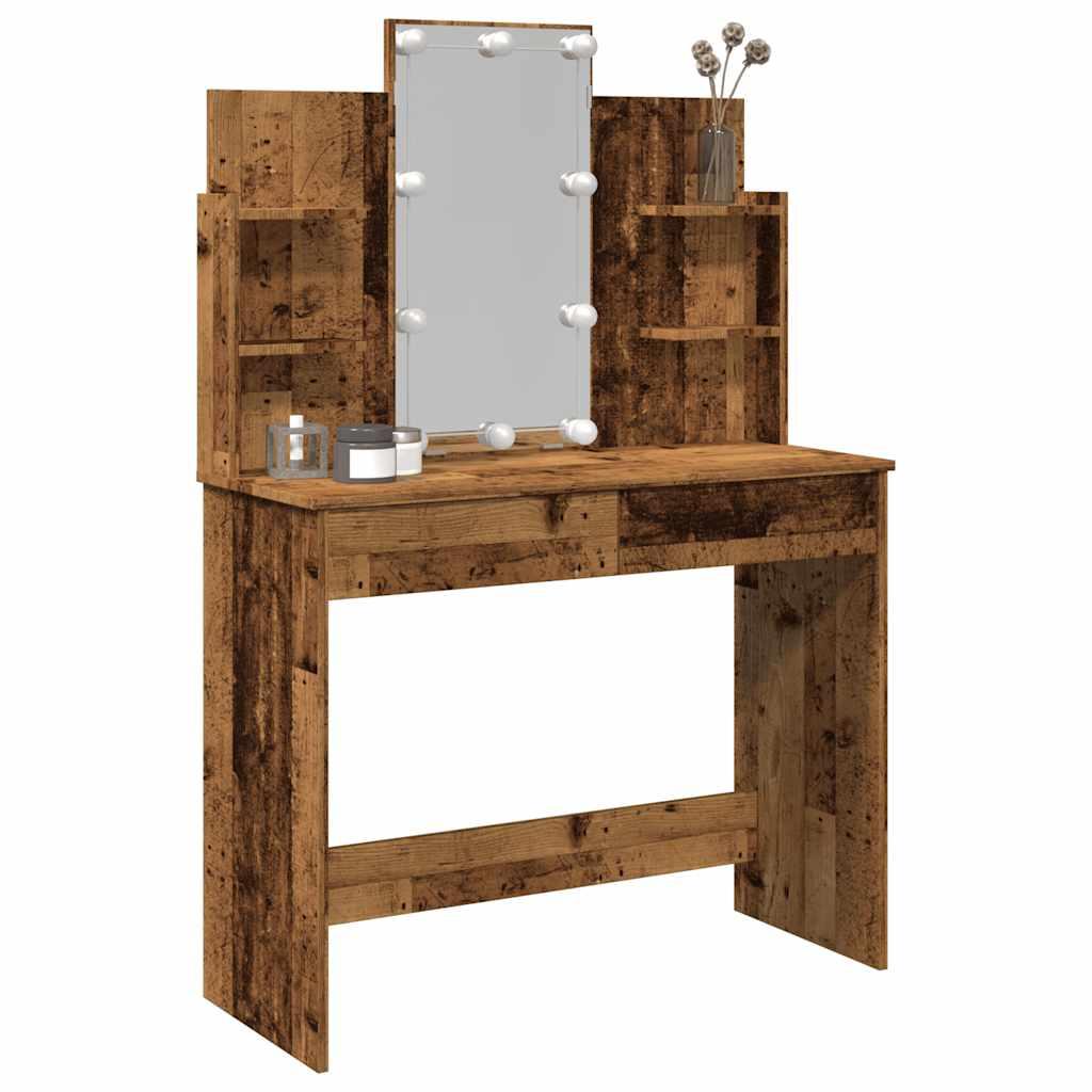 Makeupbord med LED-lys 96x40x142 cm antikt trælook billede
