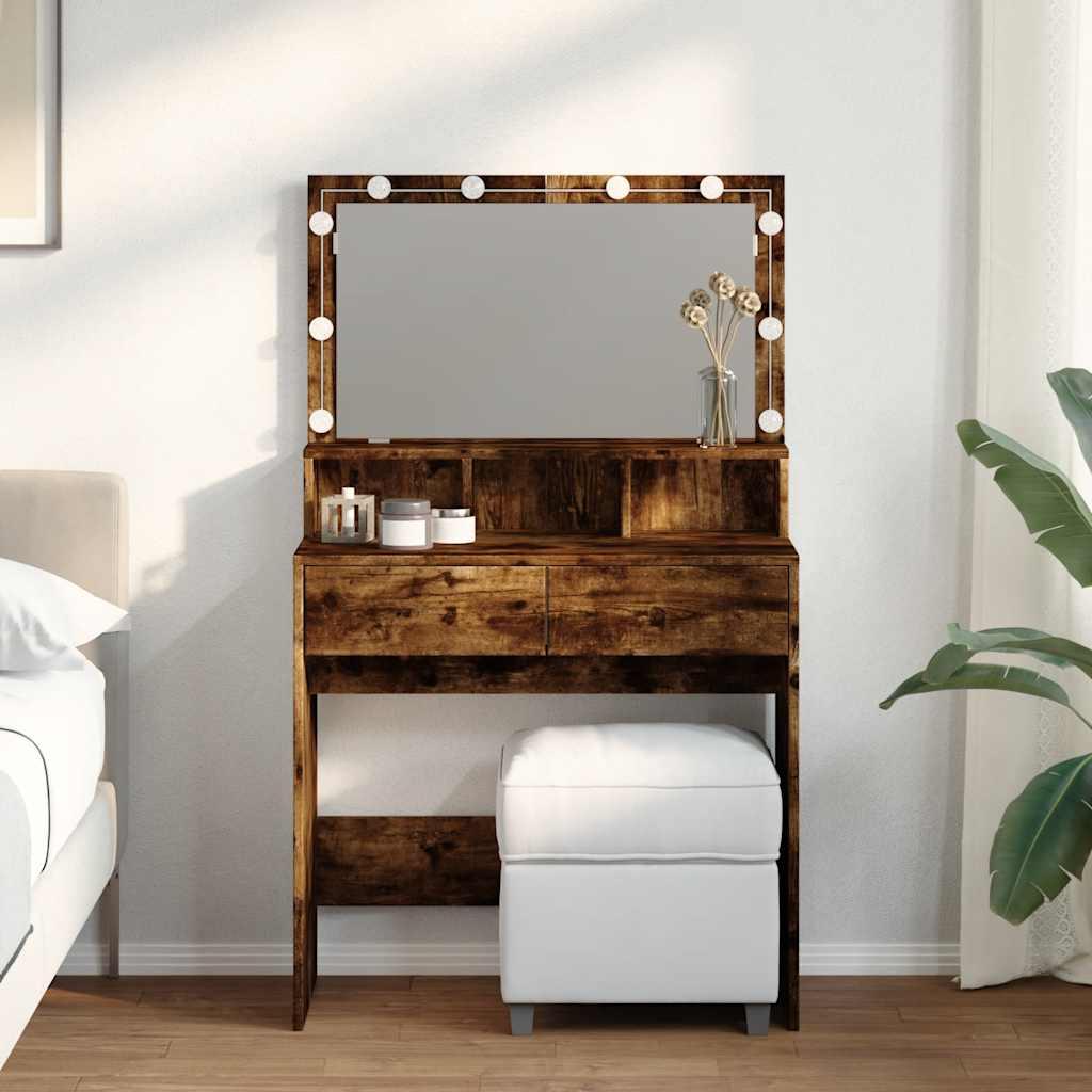 Makeupbord med LED-lys 80x41x134,5 cm røget egetræsfarve billede