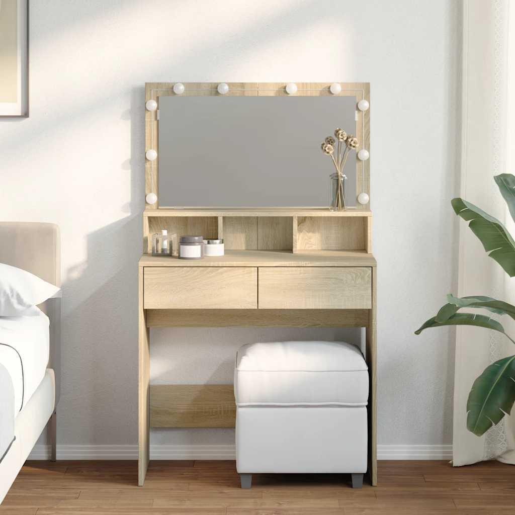 Makeupbord med LED-lys 80x41x134,5 cm brun sonoma-eg billede