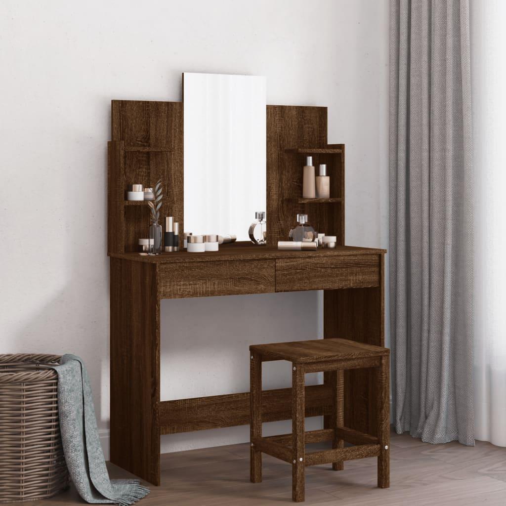 Makeupbord med spejl 96x39x142 cm brun egetræsfarve billede