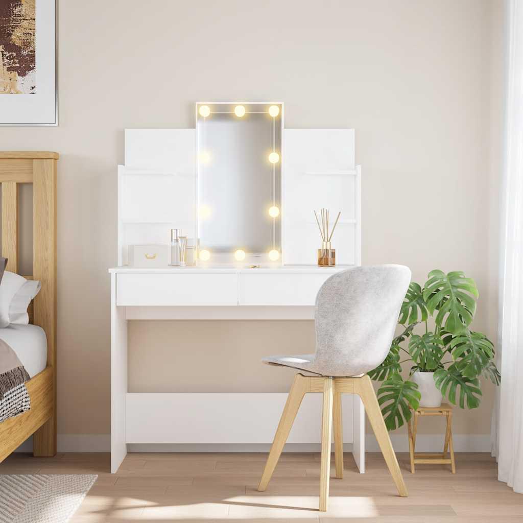Makeupbord med LED-lys 96x40x142 cm hvid billede