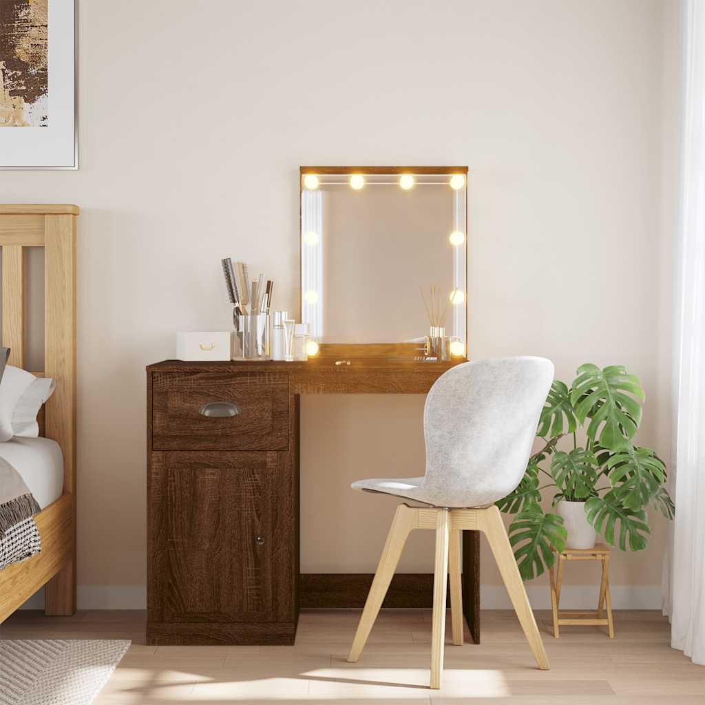 Makeupbord med LED-lys 90x42x132,5 cm brun egetræsfarve billede