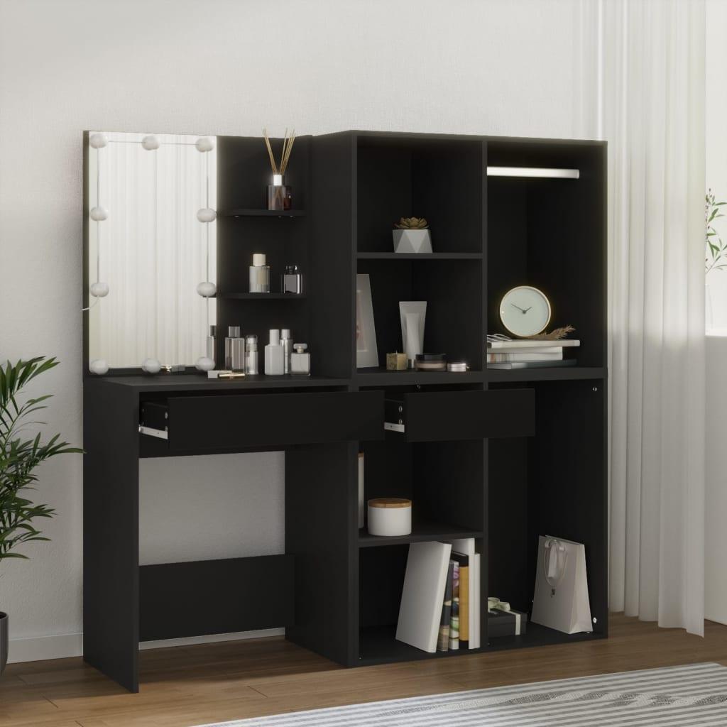 Makeupbord med LED-lys og skabe konstrueret træ sort billede