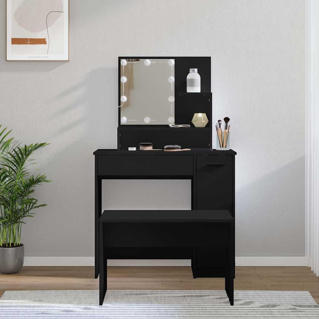 Makeupbordssæt med LED-lys konstrueret træ sort billede