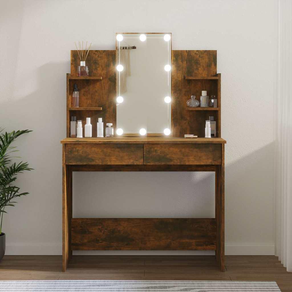 Makeupbord med LED-lys 96x40x142 cm røget egetræsfarve billede