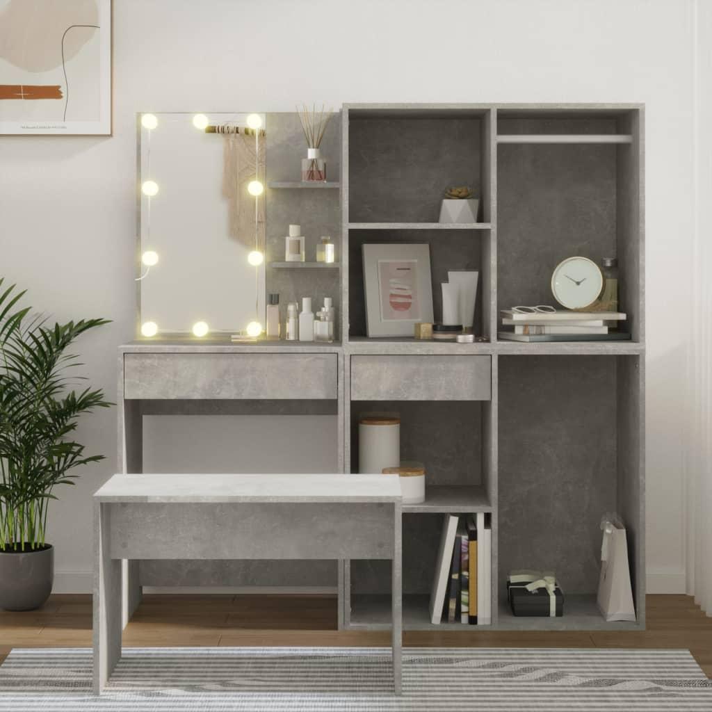 Makeupbordssæt med LED-lys konstrueret træ betongrå billede